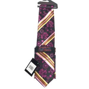 Steven Land Men's Tie & Hanky Magenta Yellow Brown Pink Hi-Density Stripes Flora